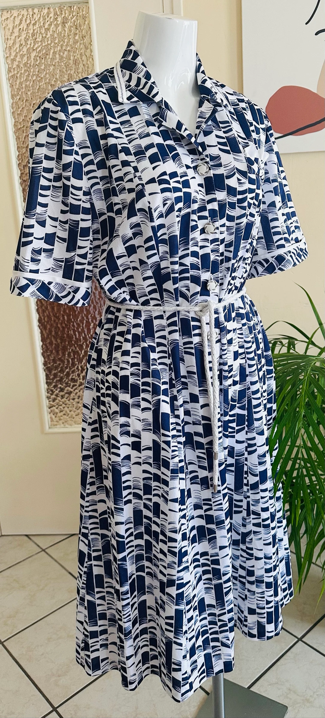 Vintage gebreide jurk marineblauw en wit maat 48/50 – Perfecte staat – photo 11